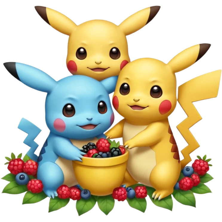 Two Pokémon are playing in a field. Pikachu has many berries, but Squirtle has none. Pikachu sees this is unfair, so he shares the berries with Squirtle. They smile and eat together. Show this as a cute Pokémon emoji scene about justice and fairness. emoji
