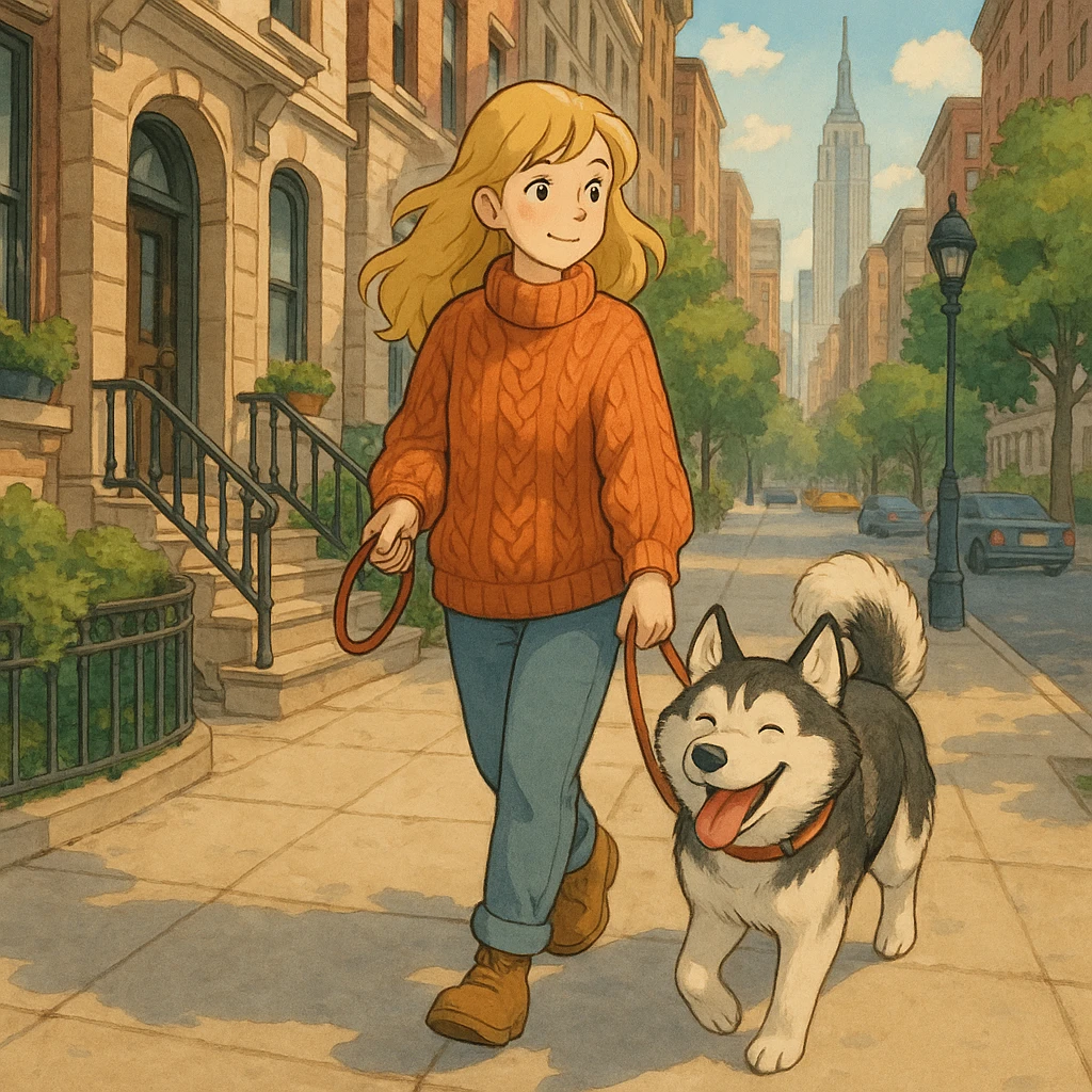 Cute Blonde woman wearing a sweater walking a happy Siberian husky in New York City on an upper east side city sidewalk  emoji
