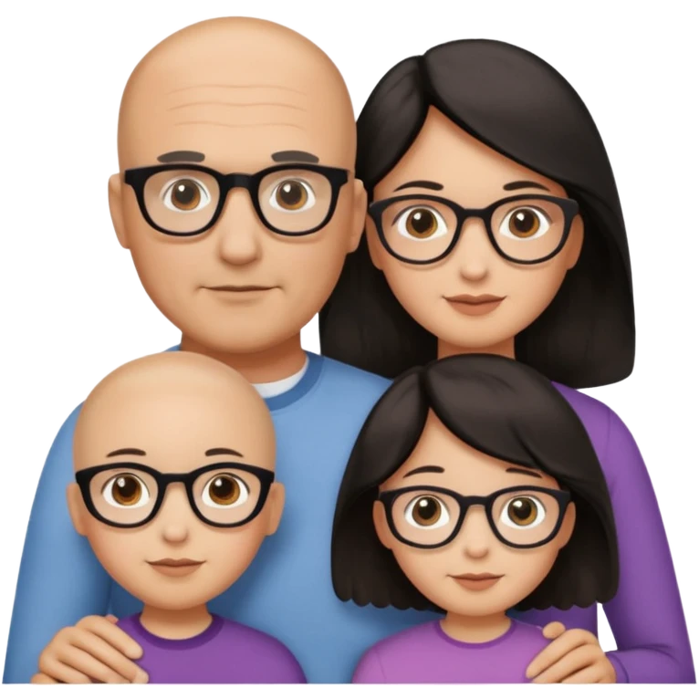 Papà calvo, mamma capelli neri occhi marroni, figlia capelli marroni mossi e occhiali tartarugati con montatura spessa occhi marroni, figlia capelli lisci marroni occhiali neri con montatura grande e fina occhi marroni  emoji