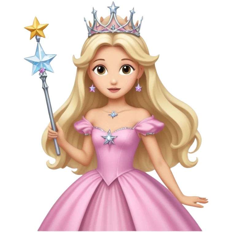glinda the good witch from wicked movie (ariana) blonde hair, beautiful, big silver thin tiara, star wand, pink gown emoji
