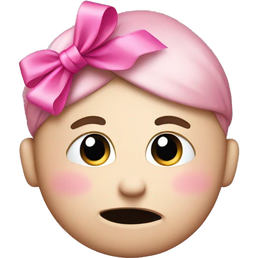 Shy emoji w/ hand above mouth with a pink ribbon on the side of his head  emoji