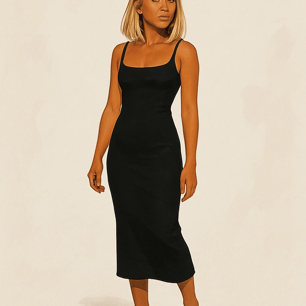 Asian woman with tanned skin tone, mid-length blonde hair, wearing a fitted black dress, full body, neutral background, modern illustration style emoji