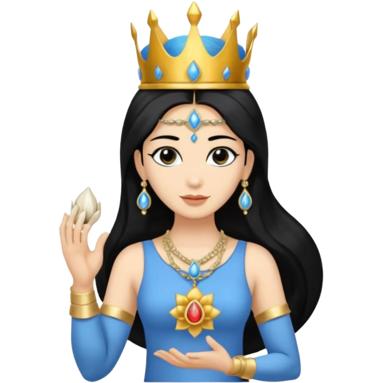 mahavishnu, shoulder length black hair, wearing crown, holding conch and chakra, blue color skin emoji