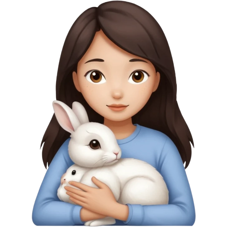 A young Asian woman with dark brown, almost Asian girl with dark brown hair, brown eyes, light Asian skin, hugging a white rabbit with light brown spots, soft and warm atmosphere.
  emoji