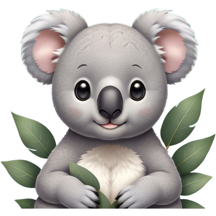 Cinematic Cute Koala Portrait Emoji, Head tilted playfully and inquisitively, featuring a fluffy grey fur with perky, rounded ears and a charming black nose, round, sparkling eyes filled with gentle curiosity, Simplified yet irresistibly adorable features, highly detailed, glowing with a warm, friendly glow, high shine, affectionate and cuddly, stylized with a touch of eucalyptus whimsy, bright and endearing, soft glowing outline, capturing the essence of a mischievous yet loving koala, so playful it feels like it could snuggle out of the screen into your arms! emoji