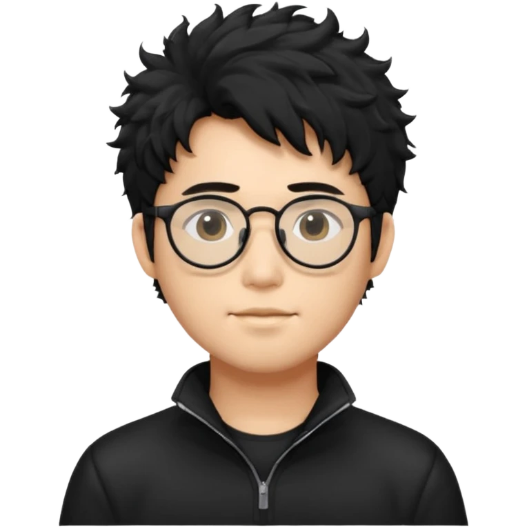 Make an Asian male with black fluffy messy hair wearing a black quarter zip and glasses emoji