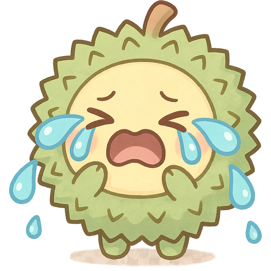 cute chibi soft fluffy durian character, round, green spiky shell, yellow flesh, crying dramatically, big teardrops, pastel, full-body emoji