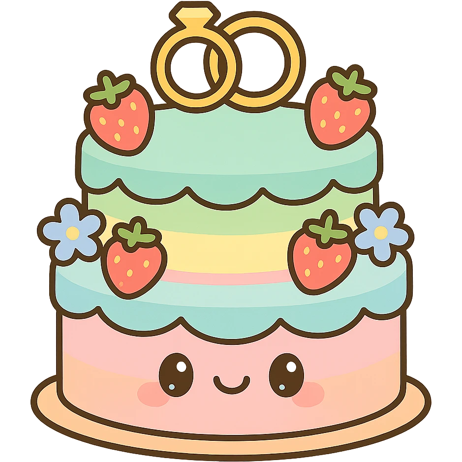 pastel rainbow wedding cake with strawberries, pastel blue flowers, gold ring topper, kawaii style emoji