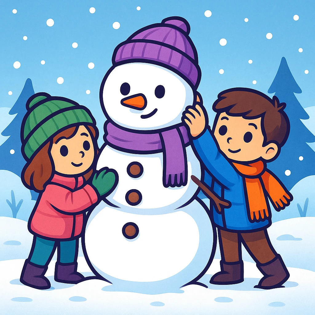 Show two different kids (different hair and clothing colors) building a snowman in a snowy background, keep the sticker style emoji