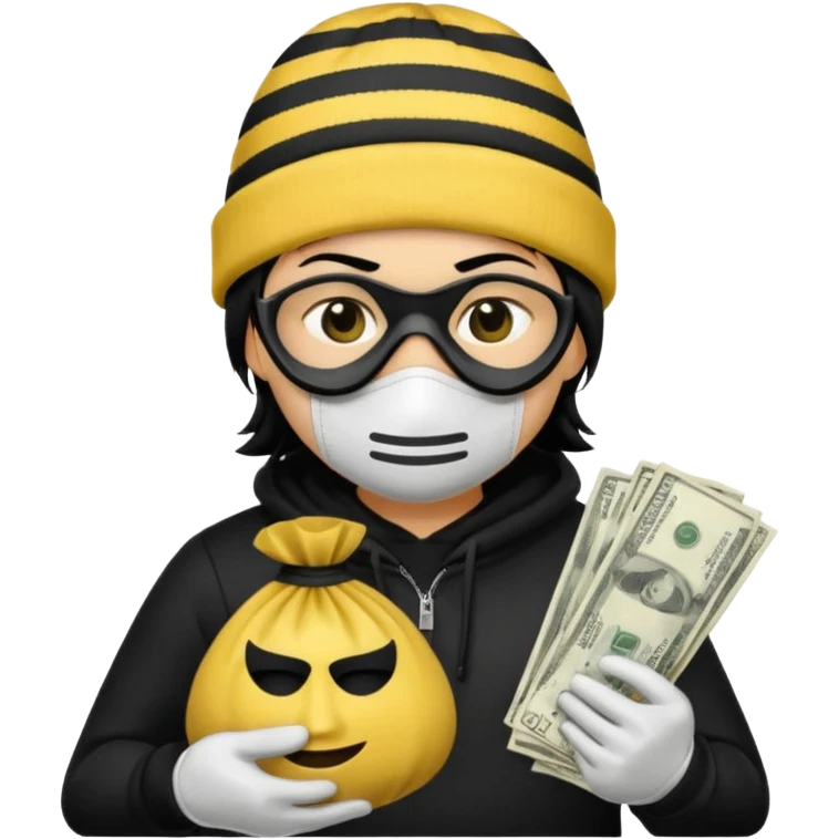 A yellow guy with a black beanie white shirt with black stripes a black mask for it's eyes and holding a money bag with yellow hair emoji