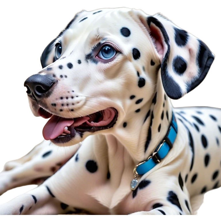 Cinematic Cute Yawning Spotted Dalmatian Portrait Emoji, Head tilted slightly with a dramatic, wide-open yawn, showcasing a smooth Fur of predominantly white with bold black patches, floppy ears slightly drooping, round blue eyes barely open in drowsy contentment, Simplified yet irresistibly adorable features, highly detailed, glowing with a soft, cozy glow, high shine, relaxed yet expressive, stylized with a touch of whimsy, bright and endearing, soft glowing outline, capturing the essence of a sleepy yet affectionate guardian, so drowsy it feels like it could stretch out of the screen and curl up for a nap! emoji