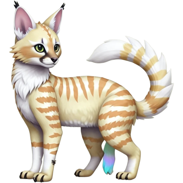 Colorful tropical tribal pale light fruity pastel white glorious iridescent divine exotic cute albino neon vibrant zigzagged cool beautiful fantasy-caracal-civet-genet-sergal-vernid-Gryphon-Cacomistle-Trico-oncilla-animal-Fakémon-hybrid-fursona (full body), facial markings,  emoji