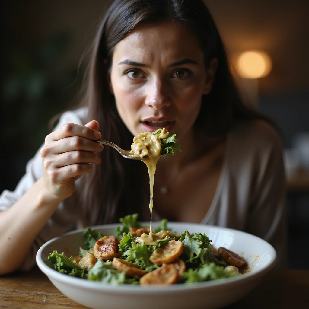 realistic hyper-detailed 4K image of a woman eating a seemingly light salad but dressed with abundant oil and sauces, with a convinced expression of eating little, realistic atmosphere emoji
