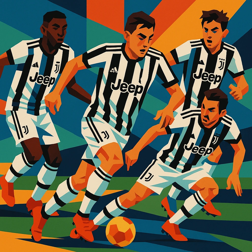 Juventus players in action during a match, dynamic and energetic emoji