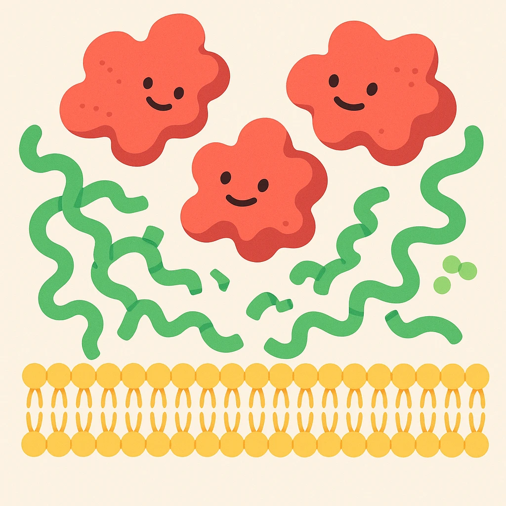 Ultra-detailed scientific illustration of enzyme digestion: Red amylase molecules (3D, globular protein structure) breaking down green starch polymers (chain of glucose units) into maltose near a yellow phospholipid bilayer membrane. Macro molecular view, clean white background, no text, no human figures or cartoon characters. Purely biological focus. emoji