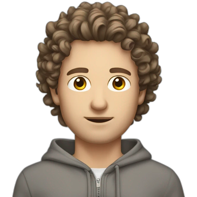 Caucasian man grey zipped hoodie brown hair bit curly brown eyes emoji