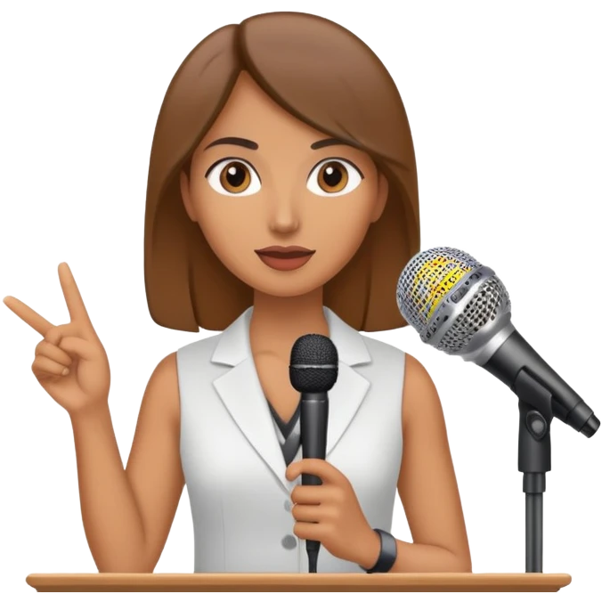 a women holding microphone, doing presentation with slides in the background emoji