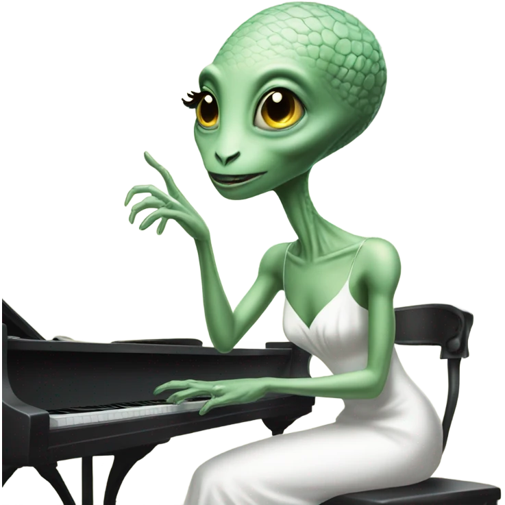 a Reptilian alien woman, play a piano, in white elegant dress emoji