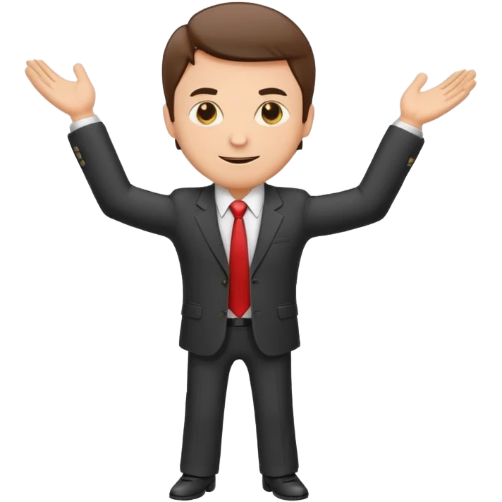 Sticker of a man in a business suit, front view, arms extended forward, friendly expression, clean cartoon style, bold outlines, minimal background, emoji sticker style emoji