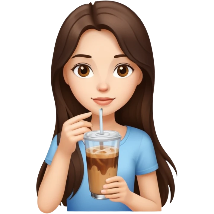 Brunette girl with long hair holding a glass with iced coffee in it  emoji