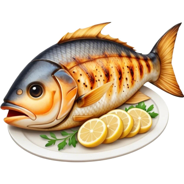 Cinematic Realistic Gradele (Grilled Fish) Dish Emoji, depicted as perfectly grilled fish with a smoky, charred finish rendered with lifelike detail and appetizing, natural lighting. emoji