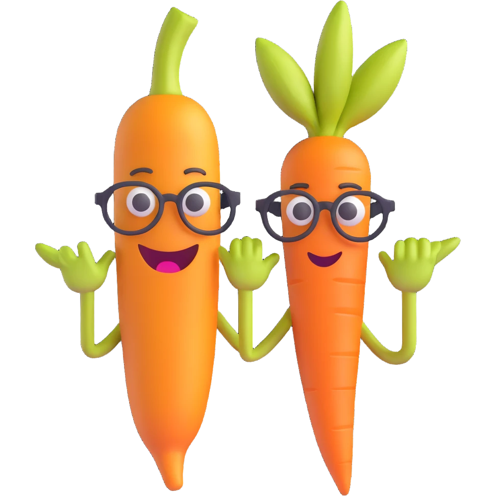 funny icon for archived groceries, shriveled banana and carrot together, both with canes and spectacles, goofy expressions, 3D emoji style, white background emoji