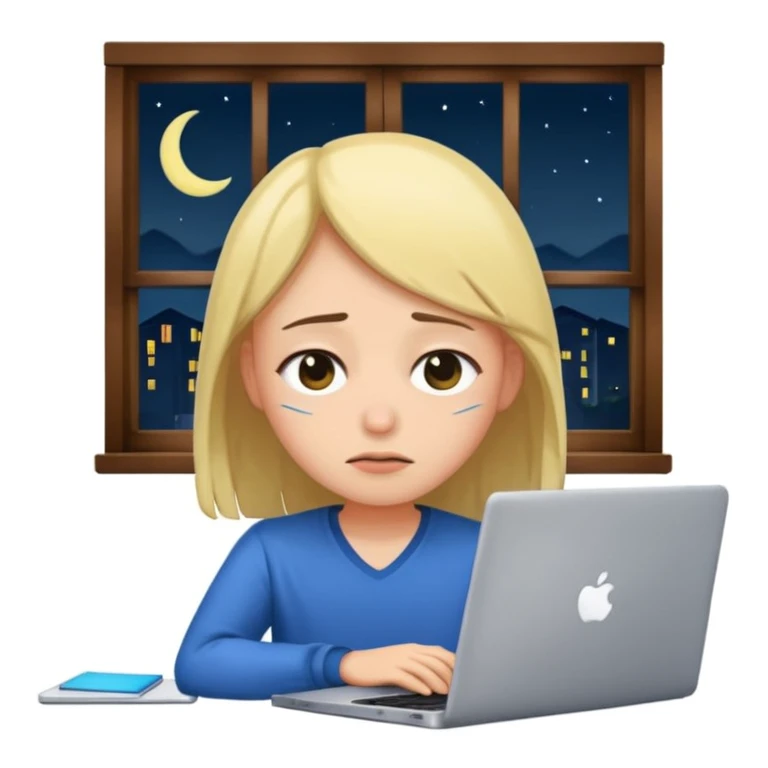 tired student with laptop, window at night behind, drooping eyelids emoji