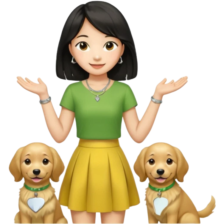 The upper body of a fair-skinned Asian girl. Wearing a yellow-green round-neck skirt, a thin silver necklace, medium-length hair, long black and straight hairstyle, slightly curly hair, smiling, holding a golden retriever, and five fingers on both hands. emoji