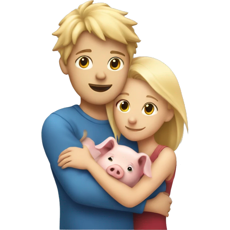 blonde hair girl holding pig and blonde hair boy hugging lion emoji