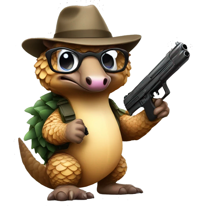 One pangolin wearing a hat and glasses holding a gun  emoji