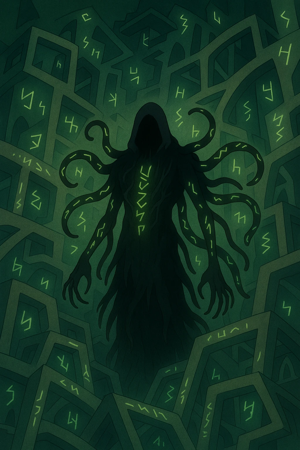 Make this eldritch horror even more disturbing: add impossible geometry, more glowing runes, twisted limbs, unnatural proportions, and a haunting aura. Horror style, deeply unsettling. emoji
