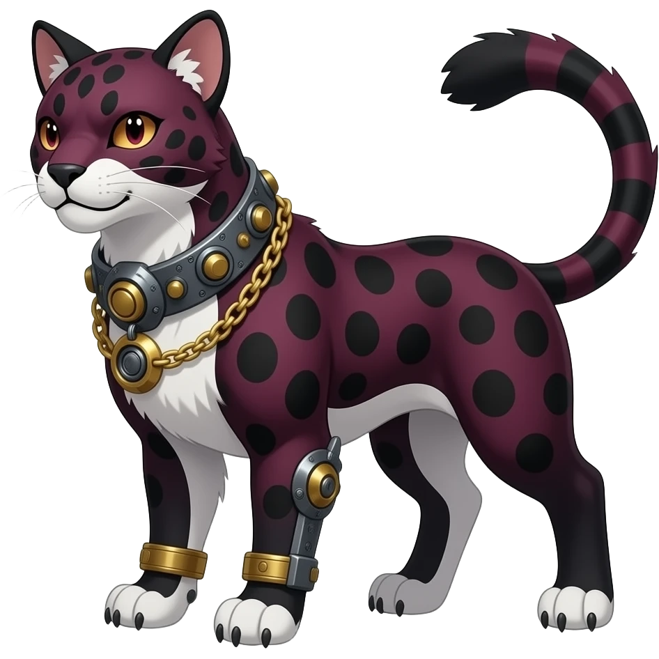 Mature quadrupedal Epic majestic complex  glorious futuristic detailed dark dusky gloomy deep gothic sanguine-blood-maroon-black-white, realistic Fakémon-Sprigatito-Houndoom-Luxray-Leopard-Persian-Trico-Sergal-Serval-Vernid-creature (full body) with metal gears and metal collar with gold chains emoji
