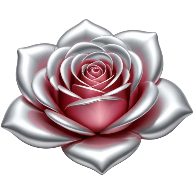 A rose emoji made of liquid silver metal, smooth metallic petals, reflective chrome surface, soft gradients, elegant shape, minimalistic iOS emoji style, centered, clean white background, realistic highlights, no text emoji