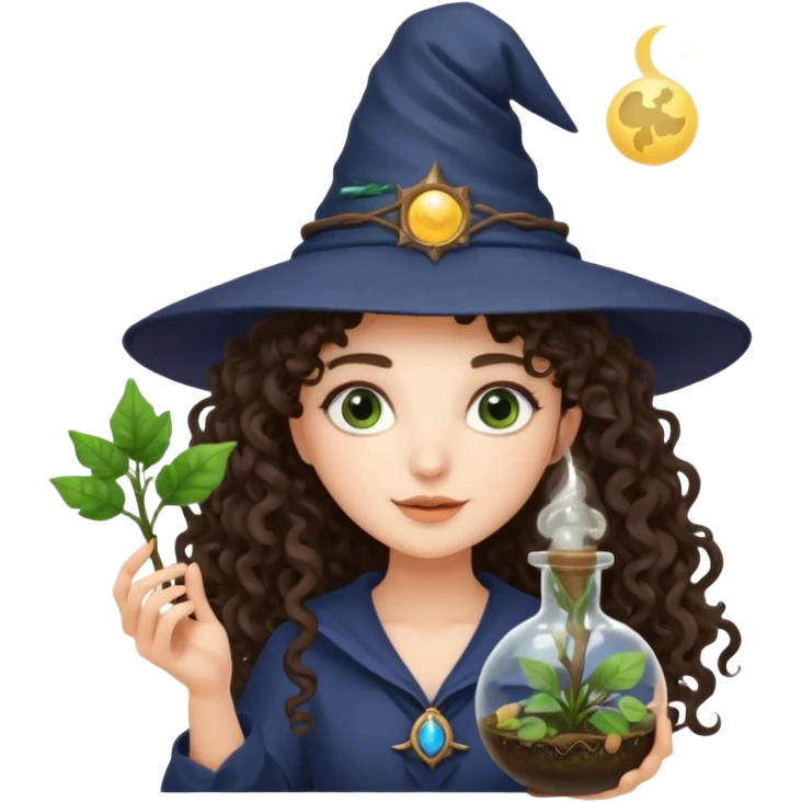 A long curly haired brunette girl with a moon witch hat, and a plant wand or plant potion terrarium emoji