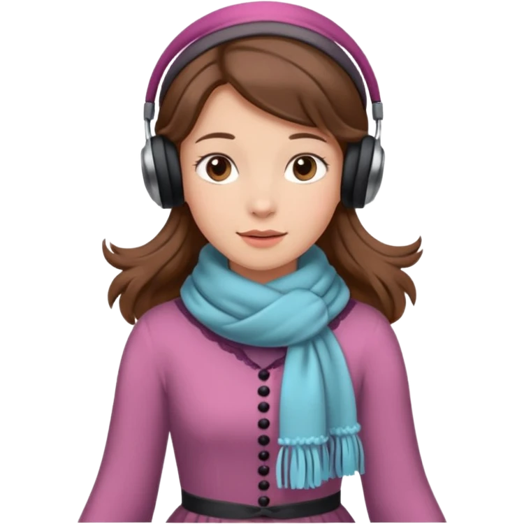 Victorian ice skater in a long dress. She is wearimg a scarf and earmuffs. She has boriwn hair. emoji