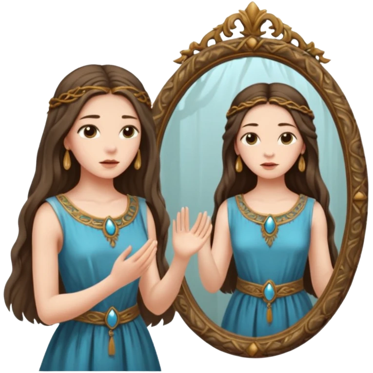Woman facing ancient mirror, reflection slightly delayed and darker emoji