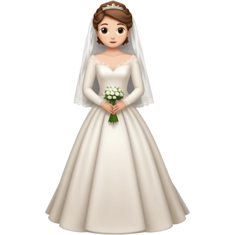 Chica blanca, ojos marrones,vestida novia, cuerpo entero, pelo castaño  recogido chirimbolos mangas largas emoji