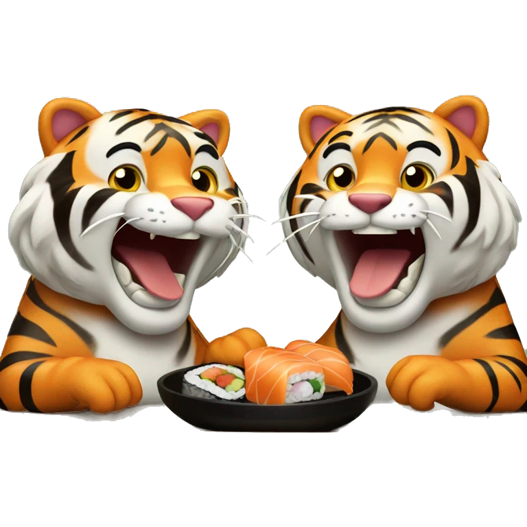 two happy tigers eating sushi emoji