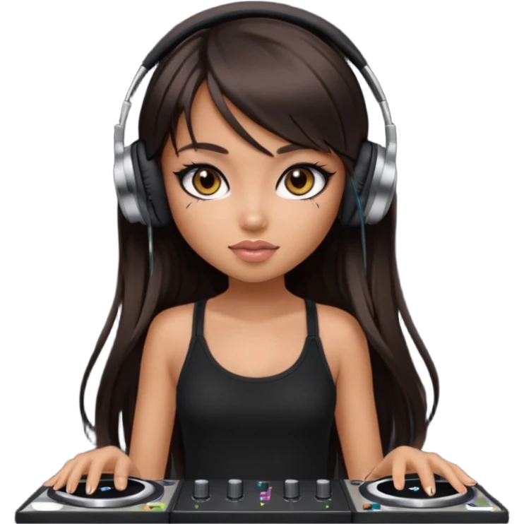generate a pretty bratz girl in black cami top, dark brown straight long hair with bangs, eyeliner on, djing emoji