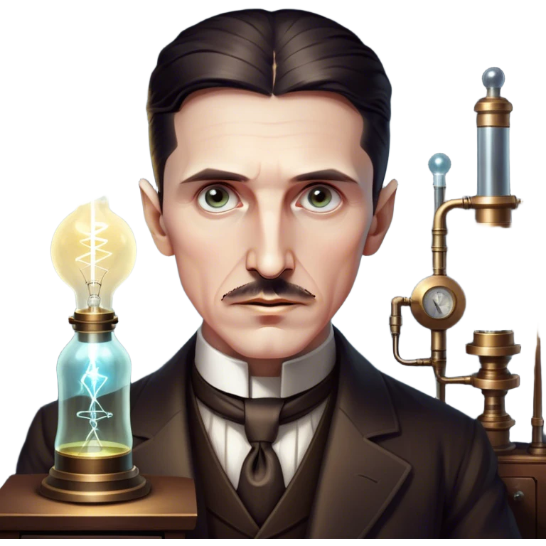 Nikola Tesla – Cinematic Realistic Portrait of Nikola Tesla, depicted as a visionary inventor with intense, thoughtful eyes and period attire, surrounded by subtle arcs of electric light and early laboratory apparatus, rendered with dramatic lighting that evokes mystery and innovation. emoji