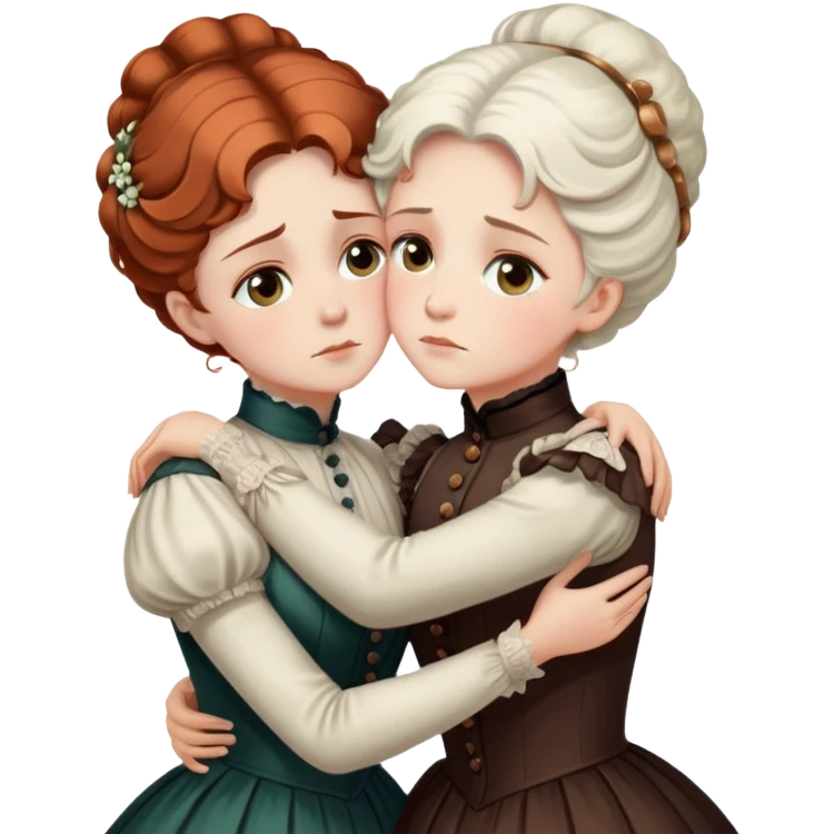 Two Victorian women with light eyes in a sad intimate hug, one with white coiffed hair and one with copper coiffed hair, wearing Victorian high-neck dresses, embracing tightly emoji