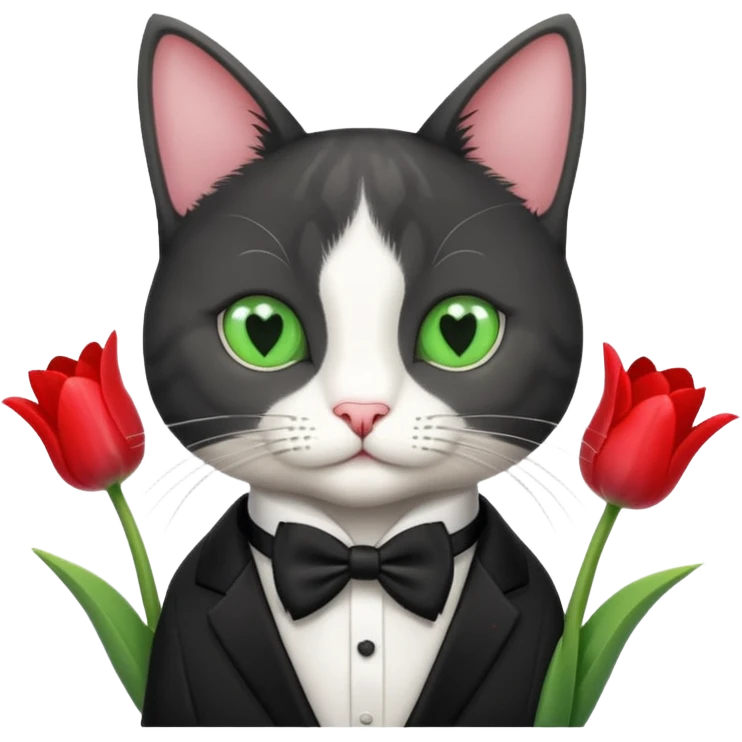 Make a tuxedo cat that’s grey with greenish eyes and has a heart that has three A in it and tulips around the cat emoji