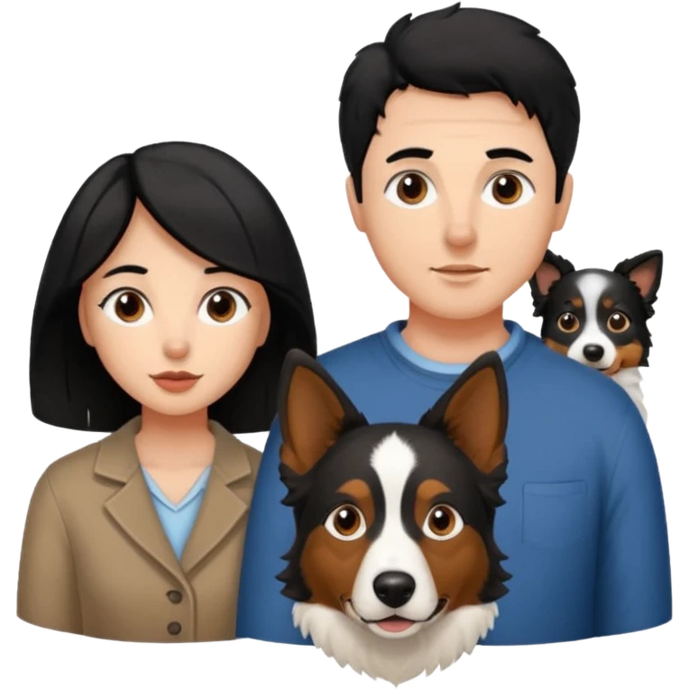 man and woman and Black colour hair Border collie with Brown eyes and a stout on the nose emoji