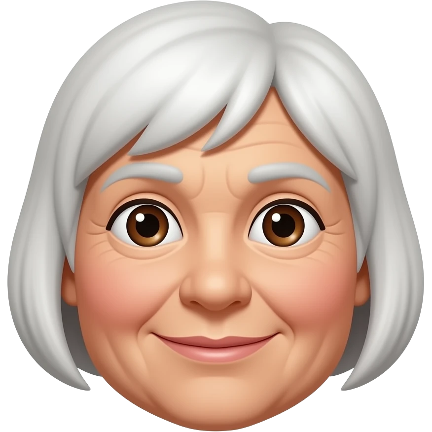 92 year old woman with white short hair and dark brown eyes with tan skin and a chubby face emoji