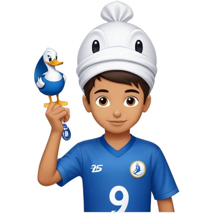 A 9 year old Iranian boy wearing an Al-Hilal kit posing with Donald Duck. emoji