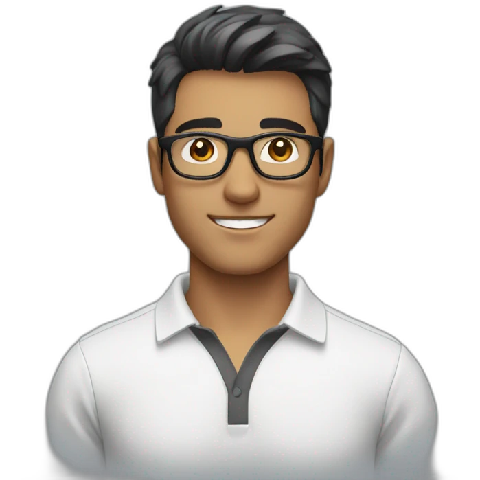 young guy with a white polo and black hairs and grey glasses emoji