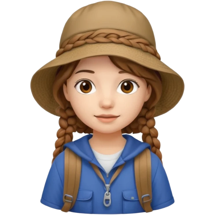 a young student girl with the backpack with bucket hat, brown wavy braided hair emoji