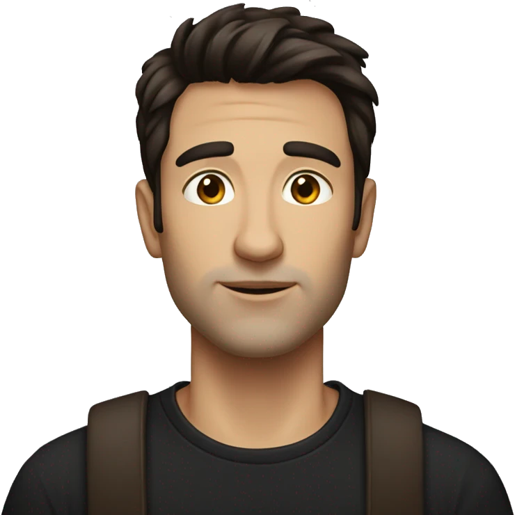 a man with medium size dark brown hair, iphone in hands, black oversized t shirt  emoji