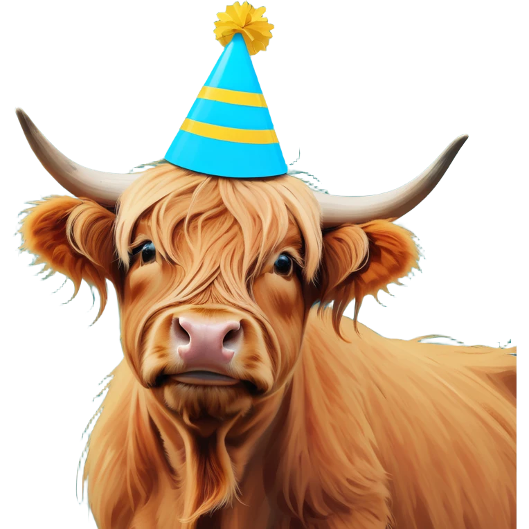 Highland cow wearing birthday hat emoji