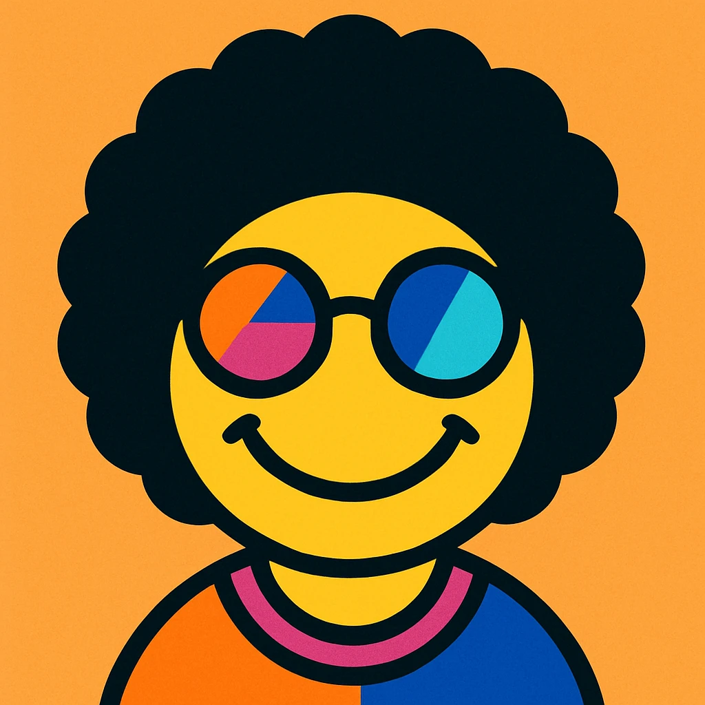 smiley face with an afro, wearing round sunglasses, hippie style emoji